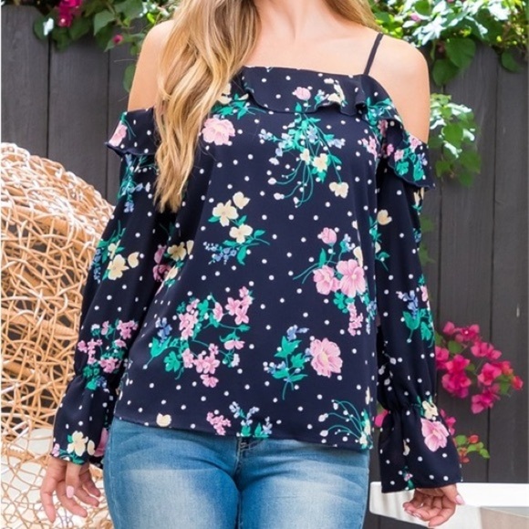 NEW COLD OFF SHOULDER POLKA DOT RUFFLE DETAIL SPAGHETTI‎ STRAP FLORAL NAVY TOP - Picture 10 of 10